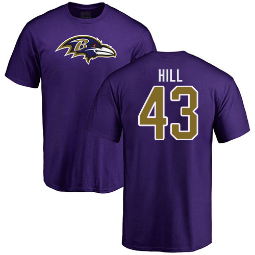 Men Baltimore Ravens Purple Justice Hill Name and Number Logo NFL Football #43 T Shirt